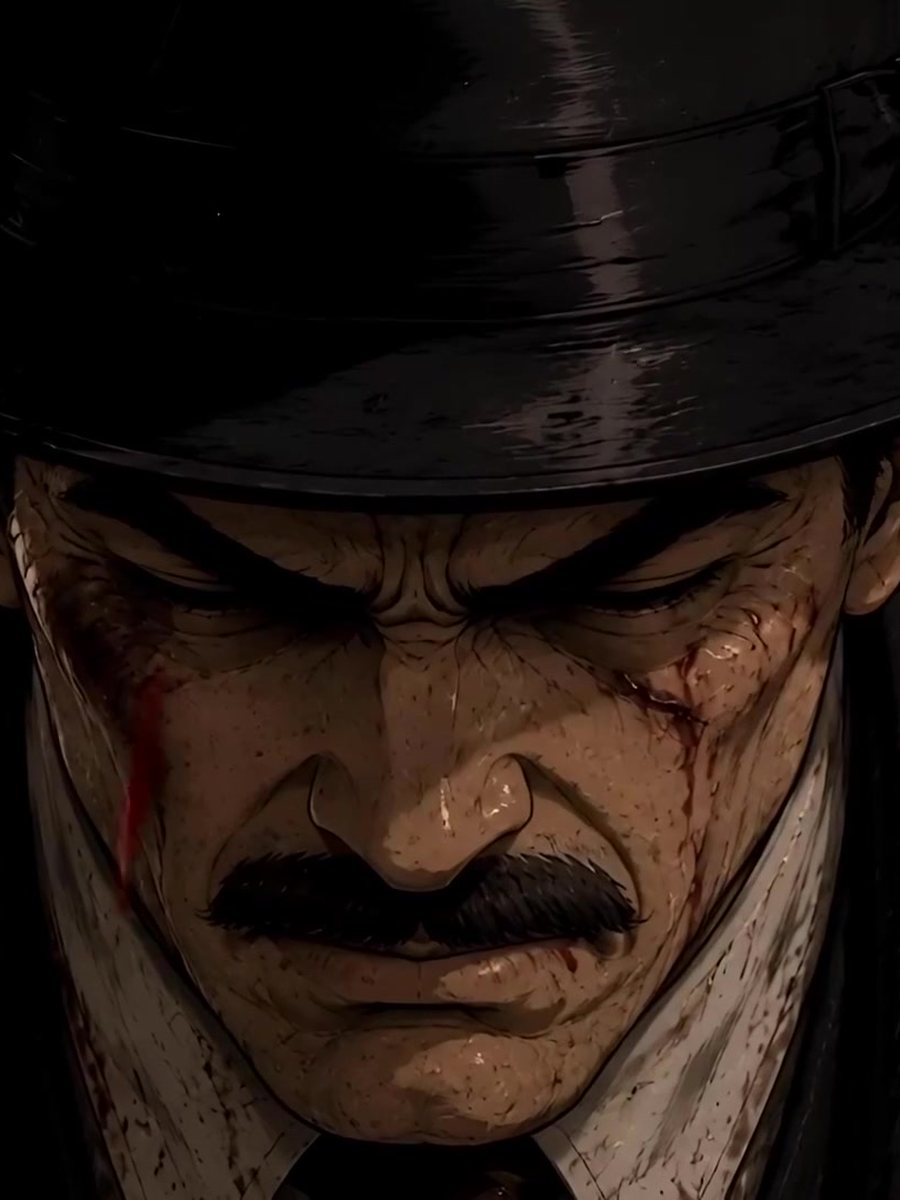 A bloodied man in a black bowler hat at night