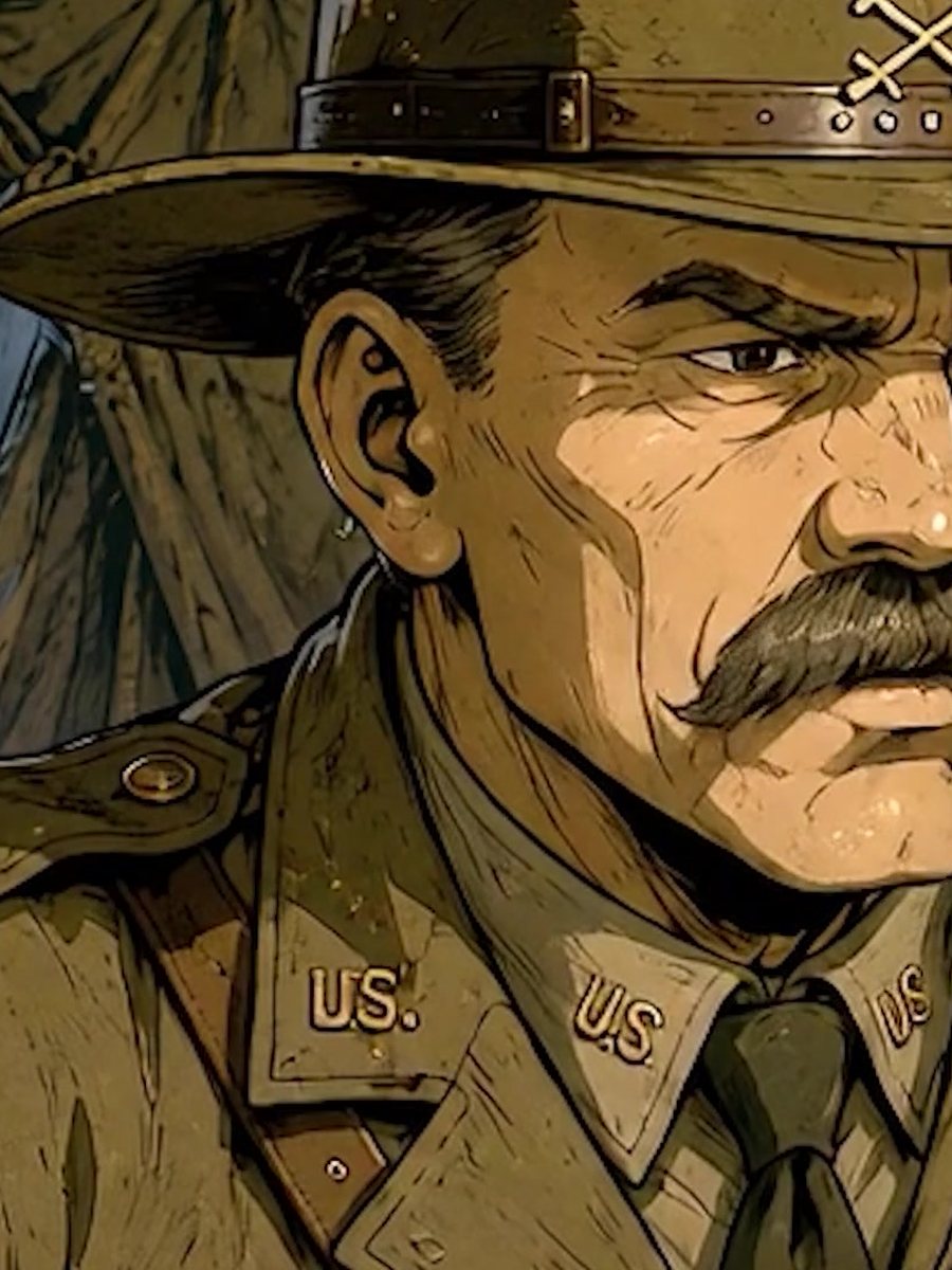 A moustached American officer in a campaign hat, chewing a cigar