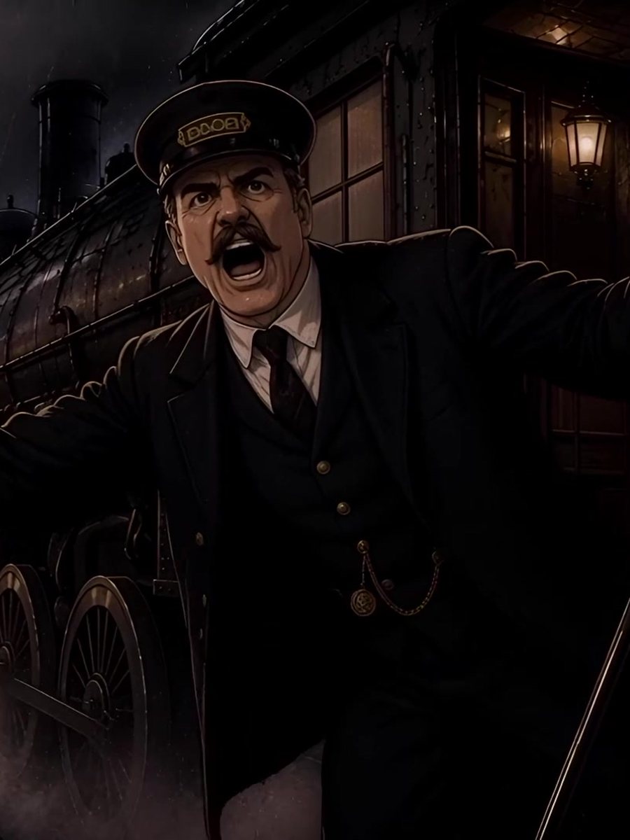 A moustached train conductor shouting beside a passenger car