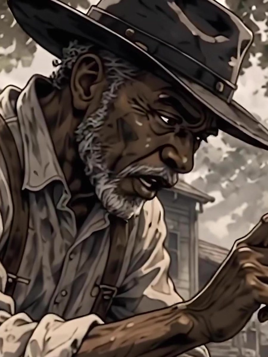 Isaiah Graves, an old Buffalo Soldier in a campaign hat, teaching his grandson