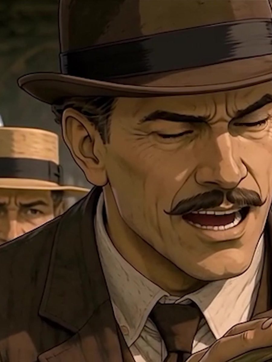A moustached man in a fedora gripping a soldier by the collar