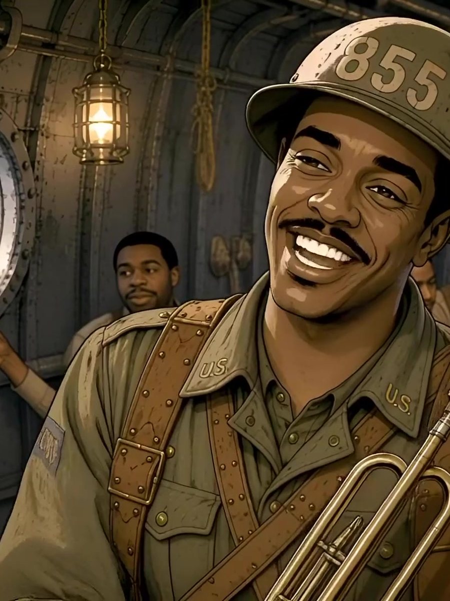 Benny Cole grinning under a steel helmet, his trumpet in hand