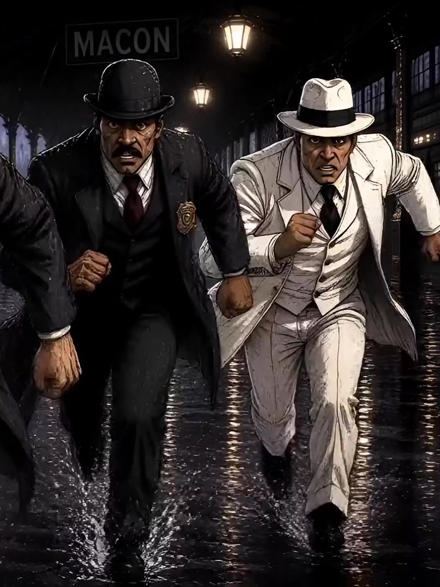 A man in a white suit and white hat running through a rain-soaked rail yard