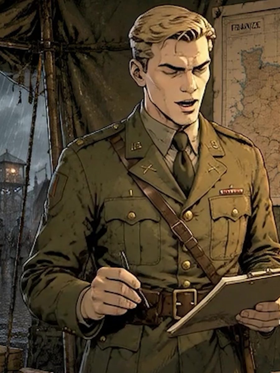 Whitlock, a young American officer with a clipboard before a map of France