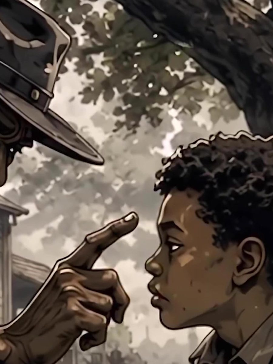 A boy on a porch listening to his grandfather point and explain