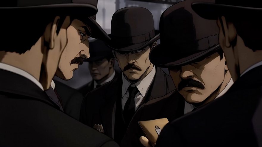 Men in bowler hats closing around a handwritten note