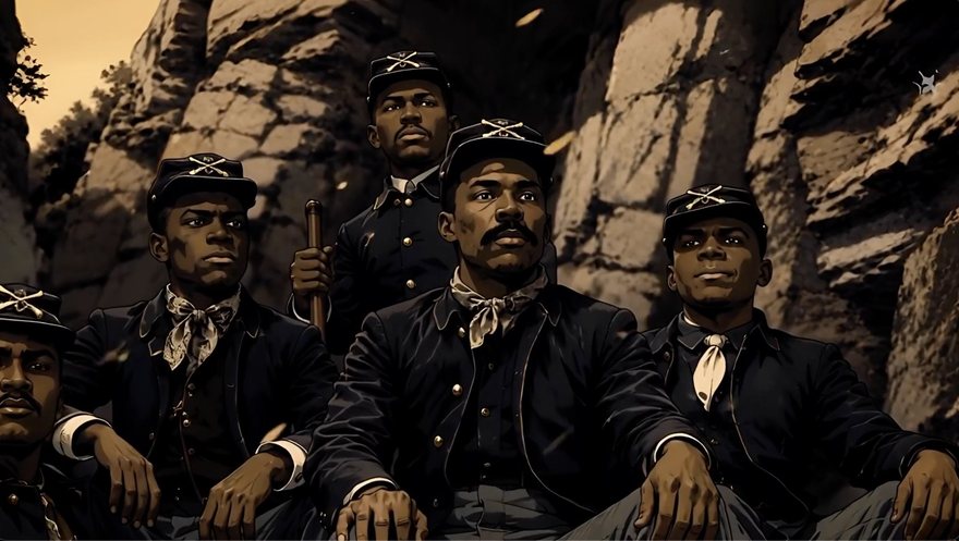 Buffalo Soldiers resting among the rocks of a canyon