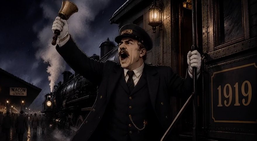 A conductor rings the bell beside a Pullman car marked 1919