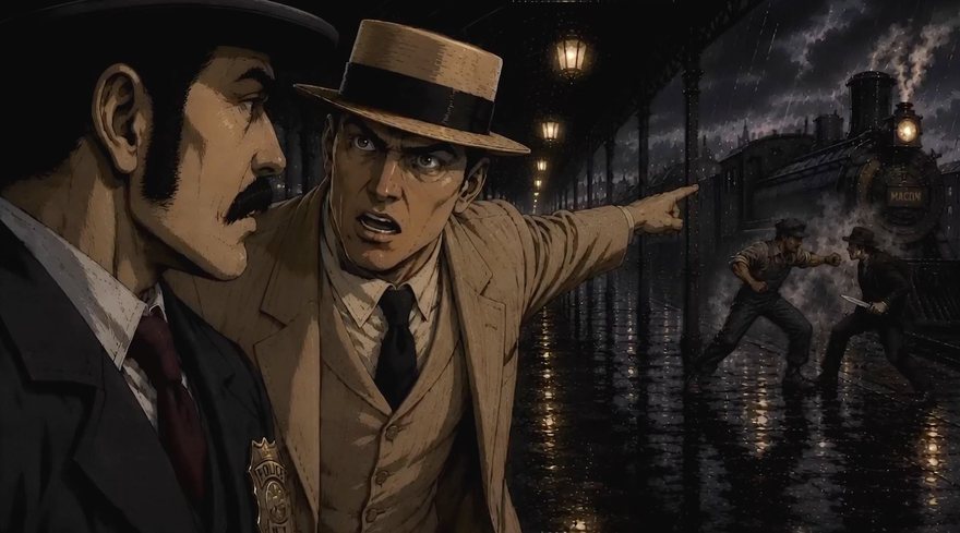 Two detectives on a night platform, one pointing toward a fight