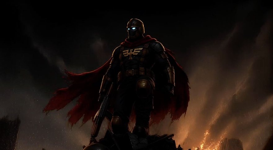The Hellfighter standing on a ridge of burning wreckage, cape torn by the wind