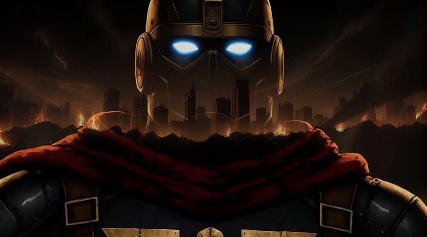 Close on the Hellfighter&rsquo;s helmet, eyes burning blue above a city on fire