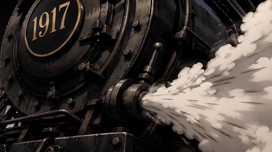 A 1917 locomotive venting steam from its cylinders