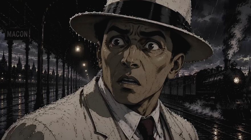 A man in a pale hat caught in the rain on the Macon platform