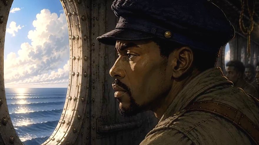 A soldier at the porthole watching the open Atlantic on the crossing
