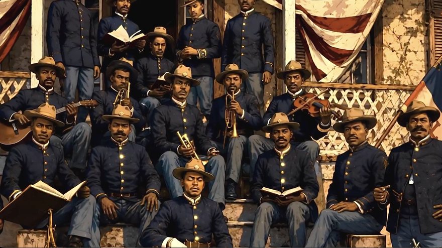 The regimental band on a porch with horns, fiddle and sheet music