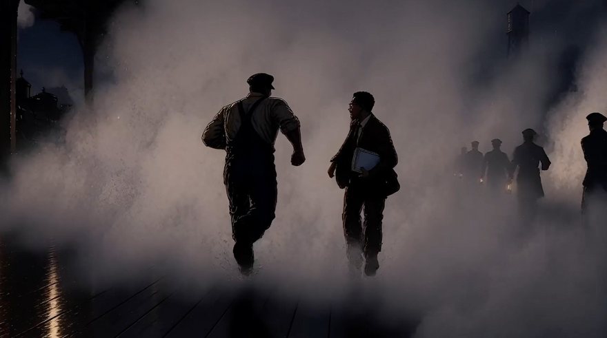 Figures running through a wall of steam on a wet platform