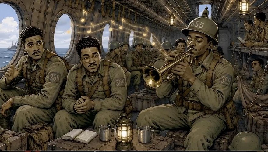 Men of the 369th below decks on the crossing, a trumpet playing over the bunks