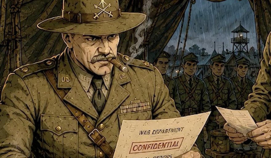 An officer reading a confidential War Department order in the rain