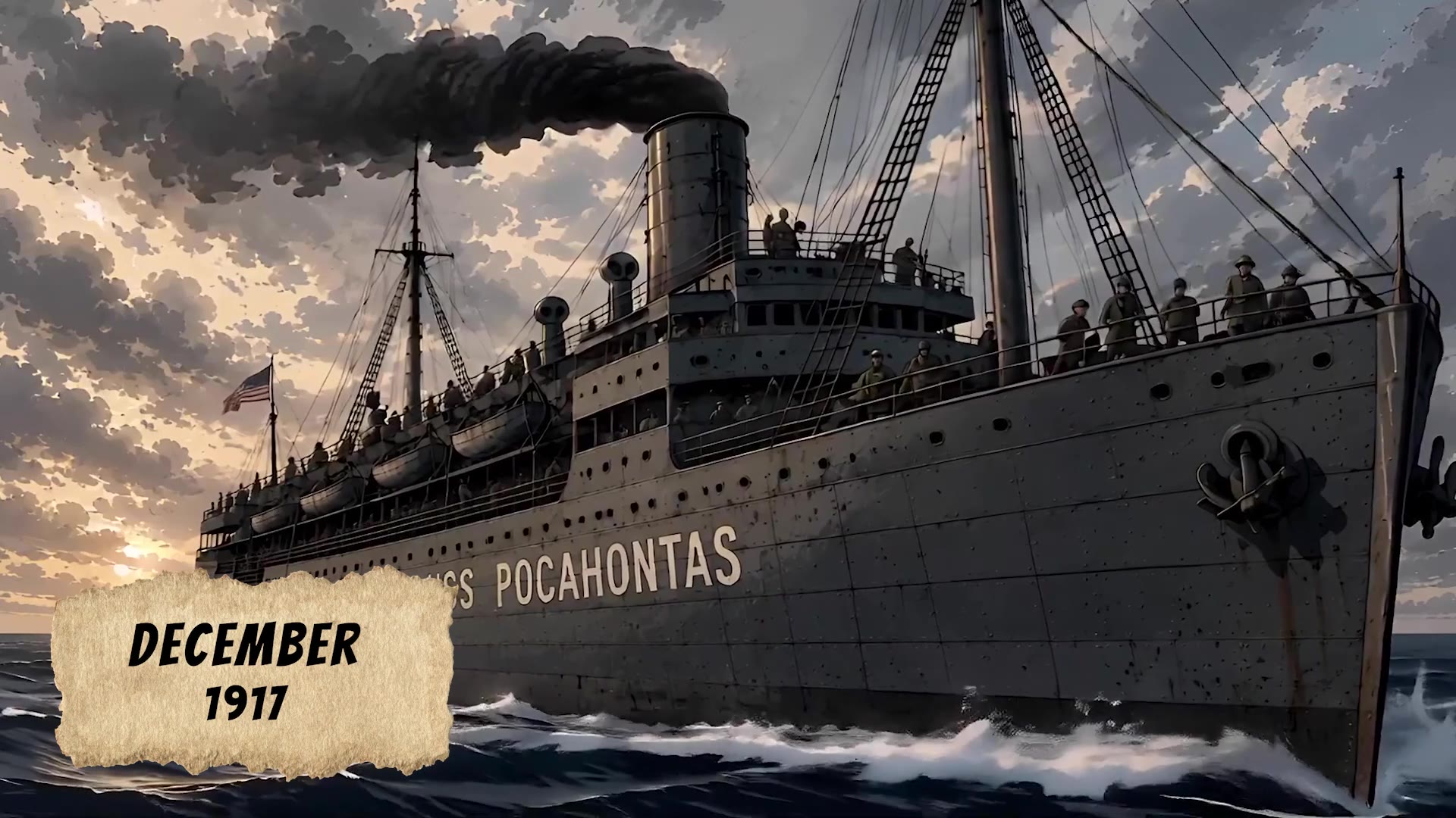 The USS Pocahontas at sea in December 1917, men of the 369th lining her rail